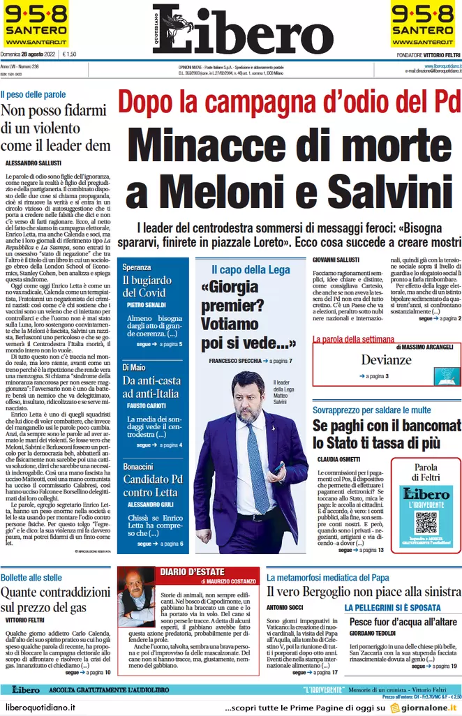 Prime pagine giornali 28 agosto 2022. Stangata record sul gas e partiti divisi
