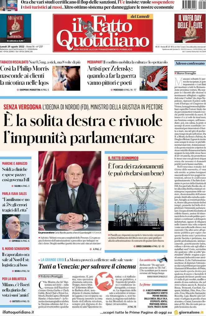 Prime pagine giornali 29 agosto 2022. Caro bollette, ecco il piano di Draghi