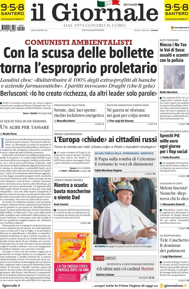 Prime pagine giornali 29 agosto 2022. Caro bollette, ecco il piano di Draghi