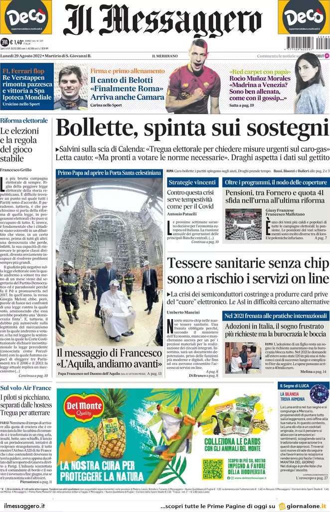 Prime pagine giornali 29 agosto 2022. Caro bollette, ecco il piano di Draghi