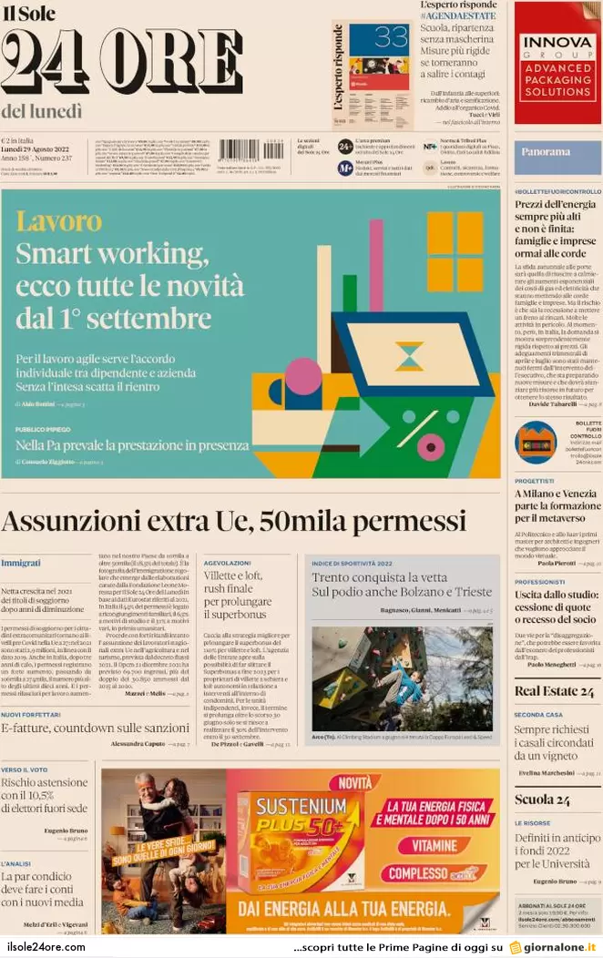 Prime pagine giornali economici 29 agosto. Smart working, nuove regole subito Prime pagine giornali economici 29 agosto. Smart working, nuove regole subito