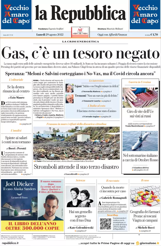 Prime pagine giornali 29 agosto 2022. Caro bollette, ecco il piano di Draghi