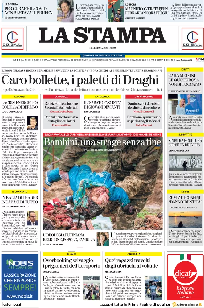 Prime pagine giornali 29 agosto 2022. Caro bollette, ecco il piano di Draghi