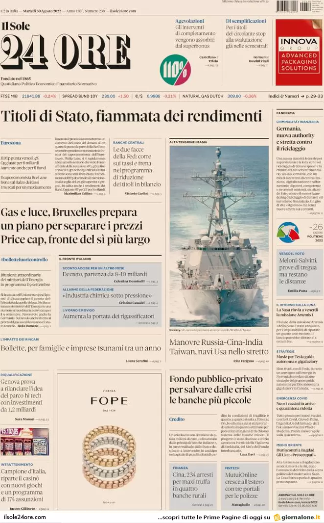 Prime pagine giornali 30 agosto 2022. Gas, adesso suona anche l’eurosveglia