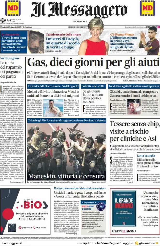 Prime pagine giornali 30 agosto 2022. Gas, adesso suona anche l’eurosveglia