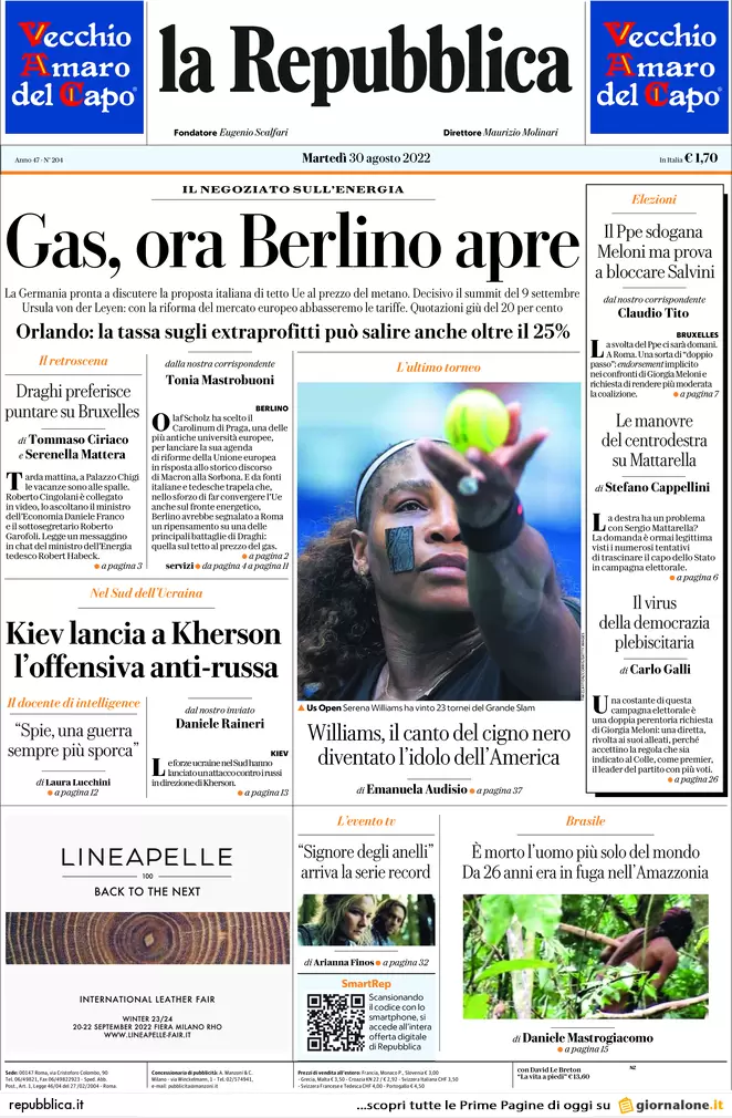 Prime pagine giornali 30 agosto 2022. Gas, adesso suona anche l’eurosveglia