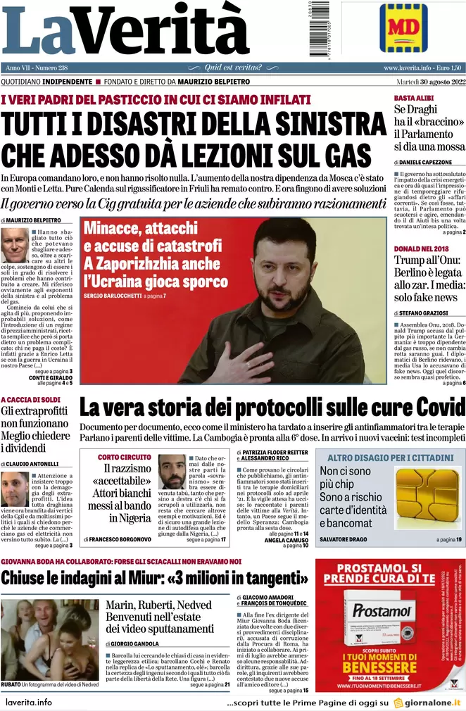 Prime pagine giornali 30 agosto 2022. Gas, adesso suona anche l’eurosveglia