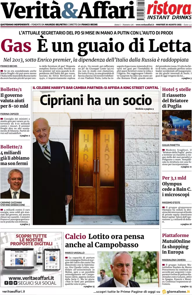Prime pagine giornali economici 30 agosto. Bollette, tsunami per le imprese Prime pagine giornali economici 30 agosto. Bollette, tsunami per le imprese