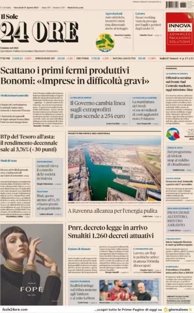 Prime pagine giornali economici 31 agosto. Bonomi: “Imprese? Difficoltà serie”