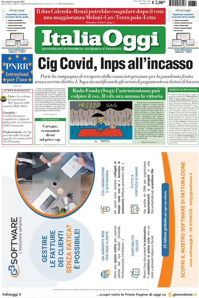 Prime pagine giornali economici 31 agosto. Bonomi: “Imprese? Difficoltà serie”