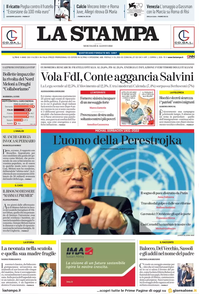 Prime pagine giornali 31 agosto 2022. Elezioni, Conte ha agganciato Salvini