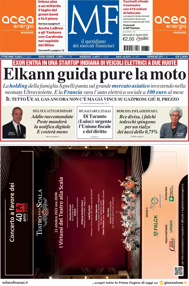 Prime pagine giornali economici 31 agosto. Bonomi: “Imprese? Difficoltà serie”
