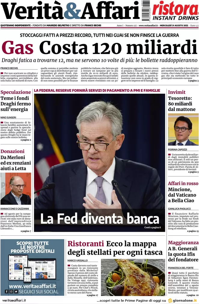 Prime pagine giornali economici 31 agosto. Bonomi: “Imprese? Difficoltà serie”