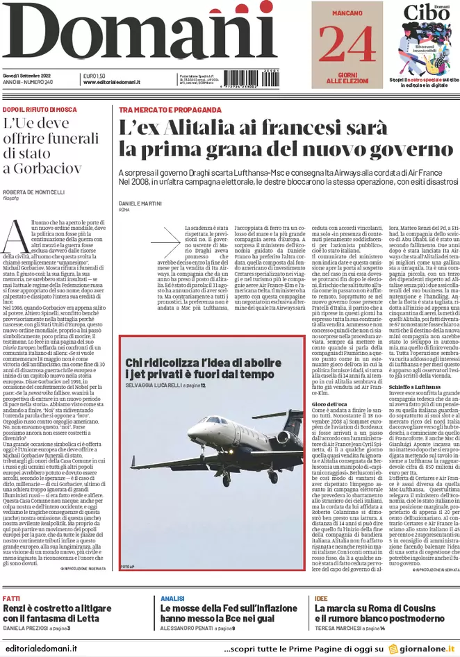 Prime pagine giornali 1 settembre 2022. Governo, decreto per il caro bollette