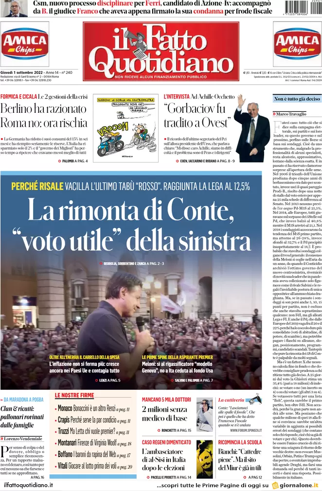 Prime pagine giornali 1 settembre 2022. Governo, decreto per il caro bollette