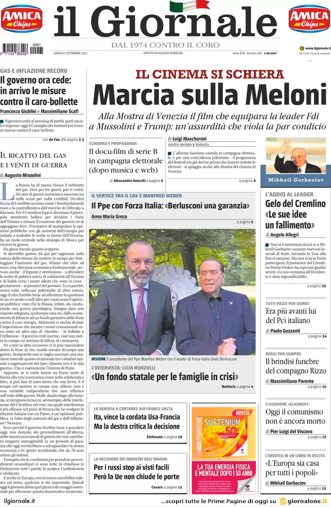 Prime pagine giornali 1 settembre 2022. Governo, decreto per il caro bollette