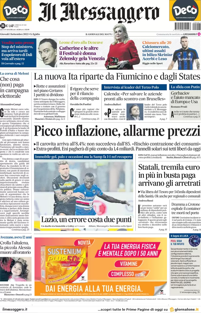 Prime pagine giornali 1 settembre 2022. Governo, decreto per il caro bollette
