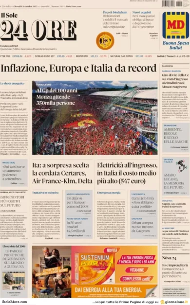 Prime pagine giornali economici 1 settembre. Inflazione da record in Italia