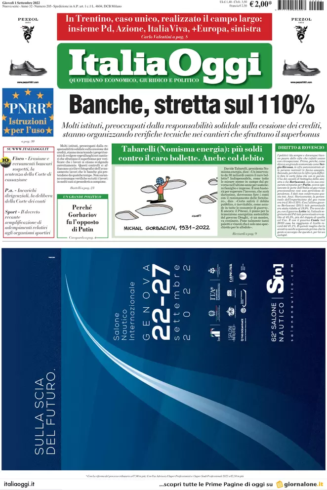 Prime pagine giornali economici 1 settembre. Inflazione da record in Italia