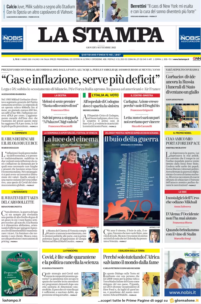 Prime pagine giornali 1 settembre 2022. Governo, decreto per il caro bollette