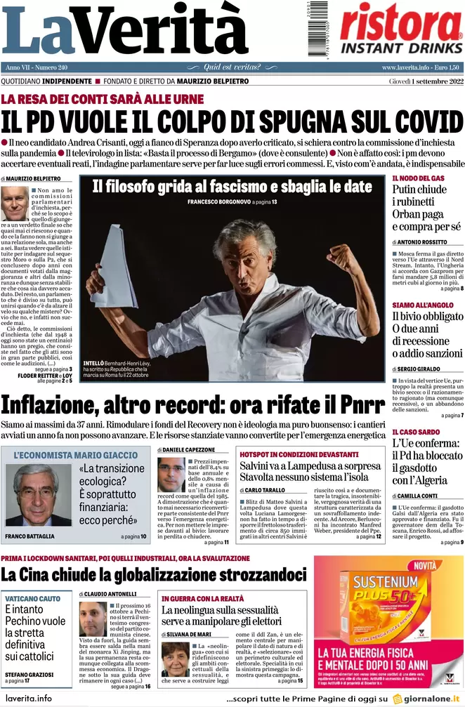 Prime pagine giornali 1 settembre 2022. Governo, decreto per il caro bollette