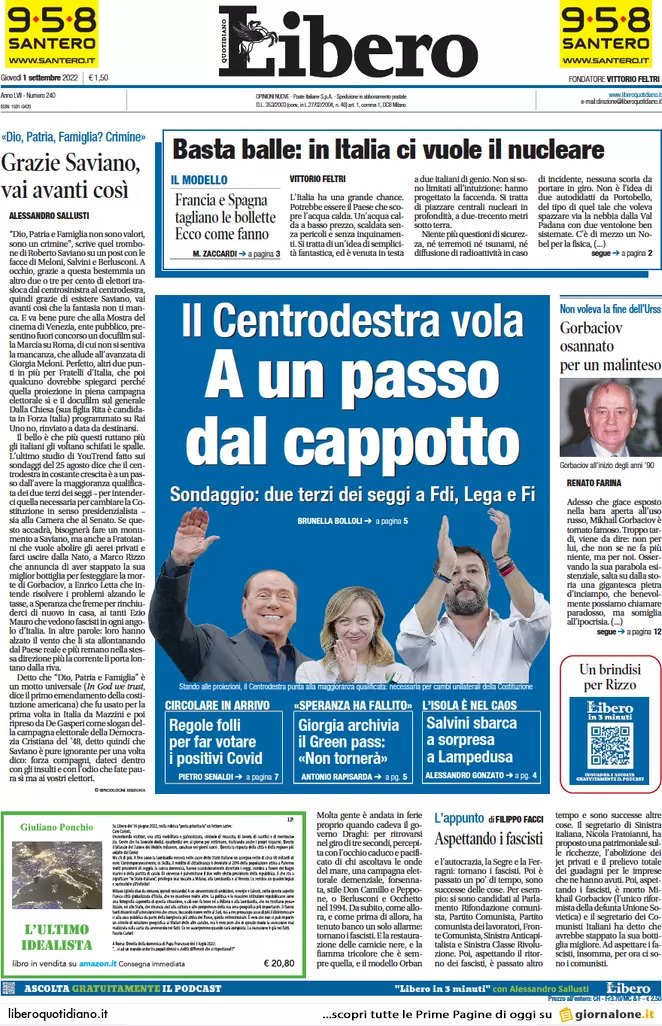 Prime pagine giornali 1 settembre 2022. Governo, decreto per il caro bollette