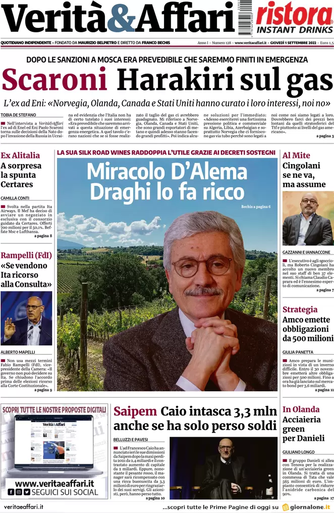 Prime pagine giornali economici 1 settembre. Inflazione da record in Italia