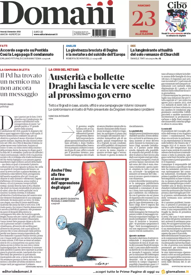Prime pagine giornali 2 settembre 2022. Crisi, latte più caro della benzina