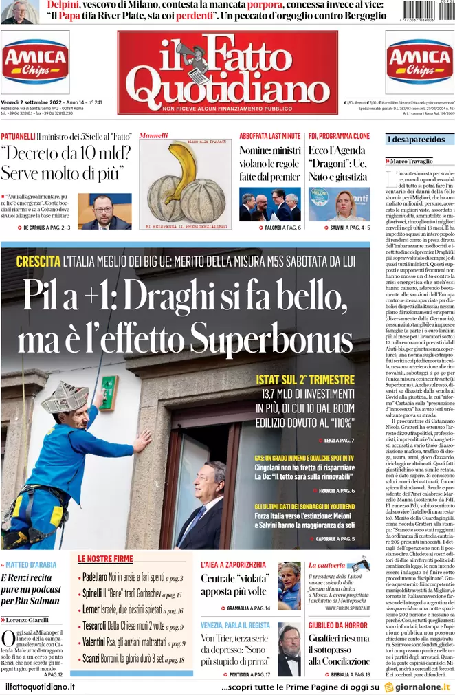 Prime pagine giornali 2 settembre 2022. Crisi, latte più caro della benzina