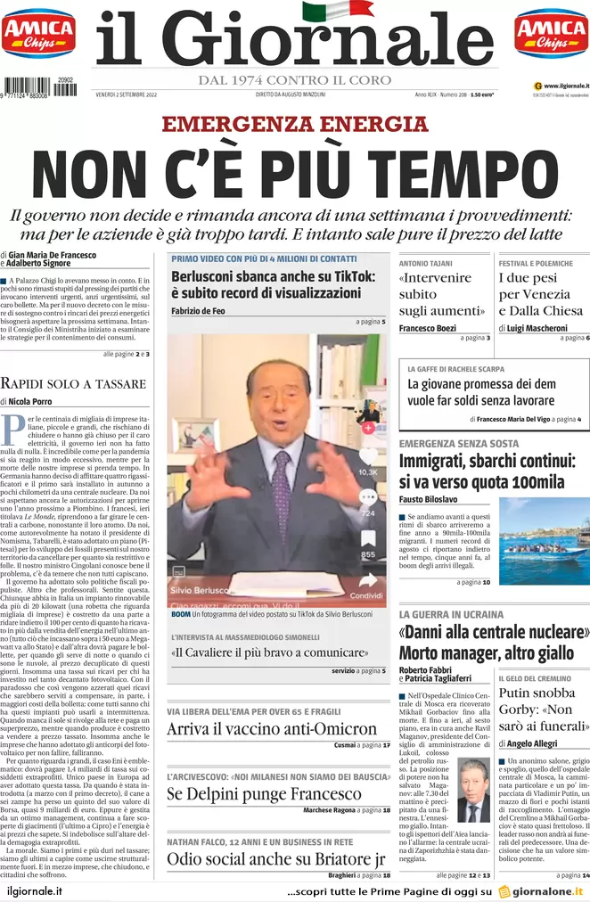 Prime pagine giornali 2 settembre 2022. Crisi, latte più caro della benzina