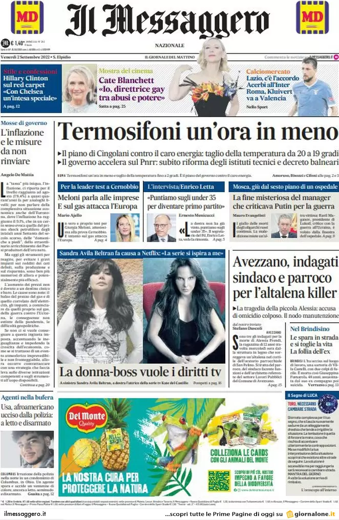 Prime pagine giornali 2 settembre 2022. Crisi, latte più caro della benzina