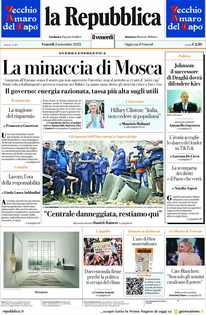 Prime pagine giornali 2 settembre 2022. Crisi, latte più caro della benzina