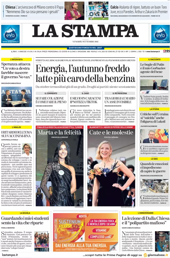 Prime pagine giornali 2 settembre 2022. Crisi, latte più caro della benzina