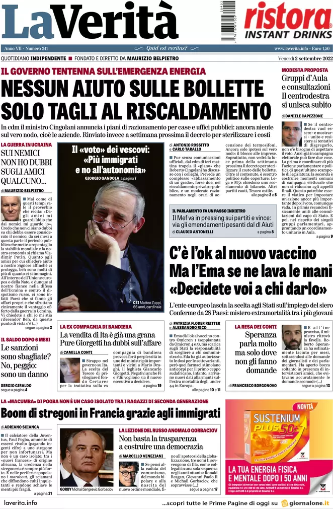 Prime pagine giornali 2 settembre 2022. Crisi, latte più caro della benzina