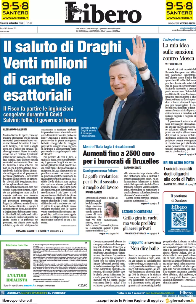 Prime pagine giornali 2 settembre 2022. Crisi, latte più caro della benzina