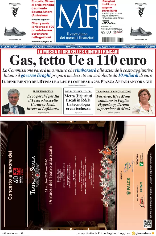 Prime pagine giornali economici 2 settembre. In crisi un quinto dell’industria