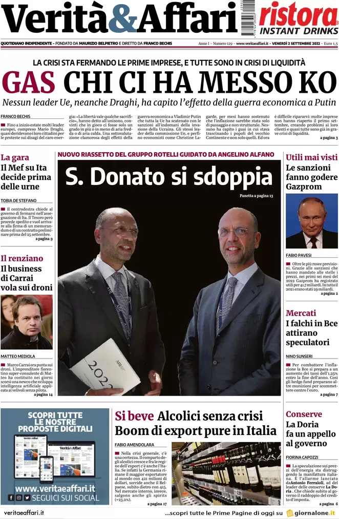 Prime pagine giornali economici 2 settembre. In crisi un quinto dell’industria