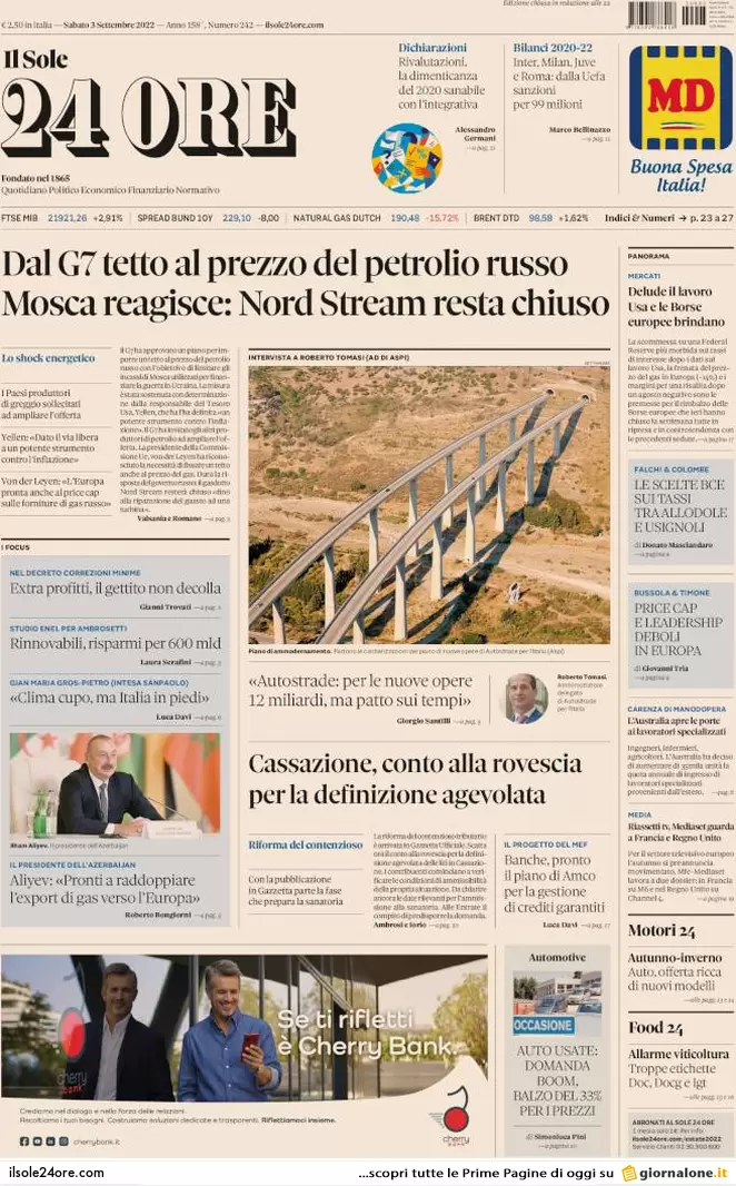 Prime pagine giornali 3 settembre 2022. Gas tra barricate e impianti fantasma