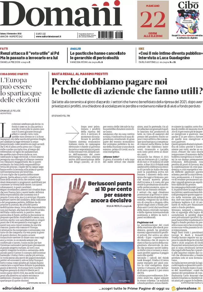 Prime pagine giornali 3 settembre 2022. Gas tra barricate e impianti fantasma