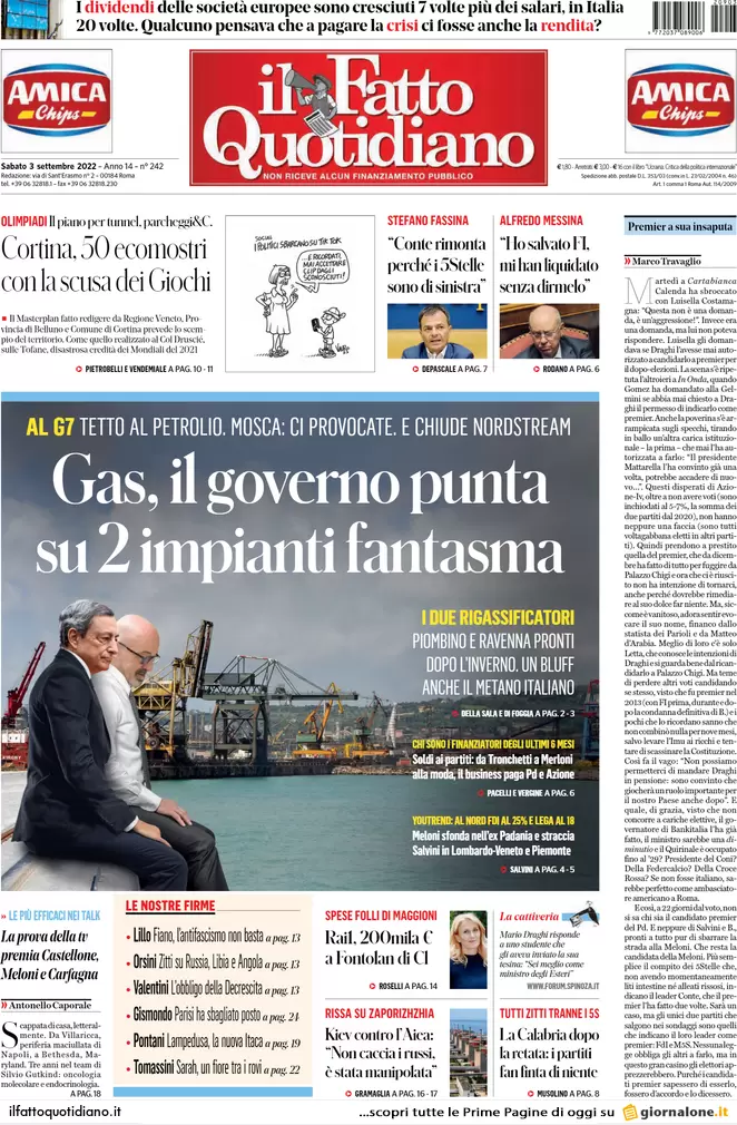 Prime pagine giornali 3 settembre 2022. Gas tra barricate e impianti fantasma