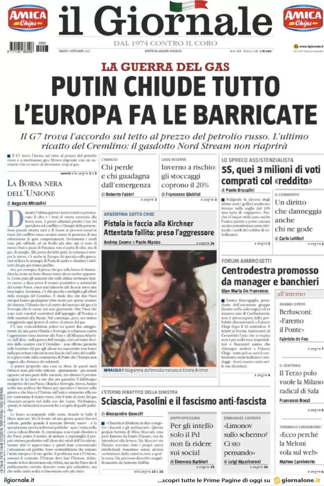 Prime pagine giornali 3 settembre 2022. Gas tra barricate e impianti fantasma