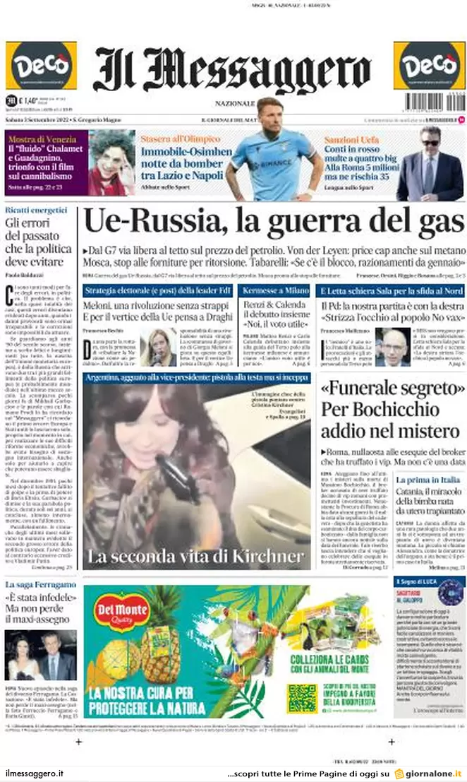 Prime pagine giornali 3 settembre 2022. Gas tra barricate e impianti fantasma