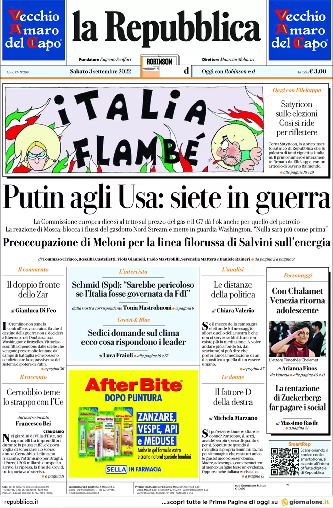 Prime pagine giornali 3 settembre 2022. Gas tra barricate e impianti fantasma