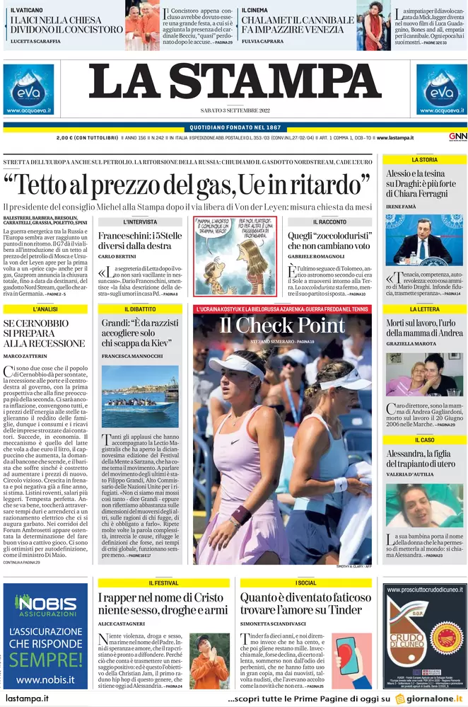 Prime pagine giornali 3 settembre 2022. Gas tra barricate e impianti fantasma