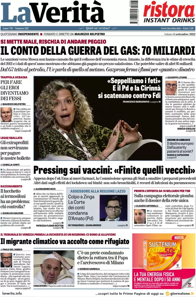 Prime pagine giornali 3 settembre 2022. Gas tra barricate e impianti fantasma