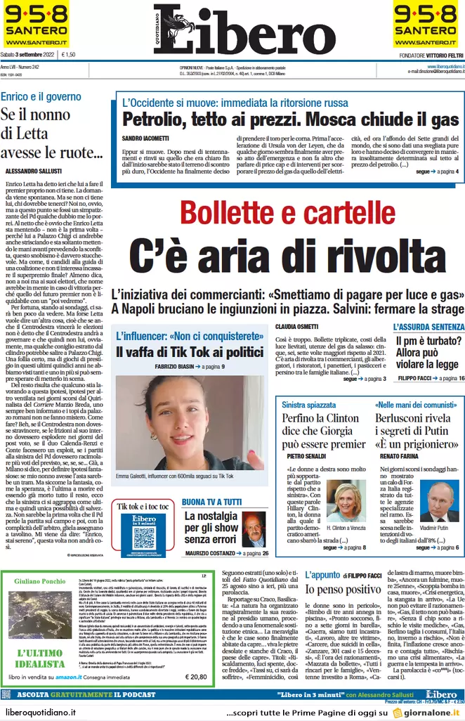 Prime pagine giornali 3 settembre 2022. Gas tra barricate e impianti fantasma
