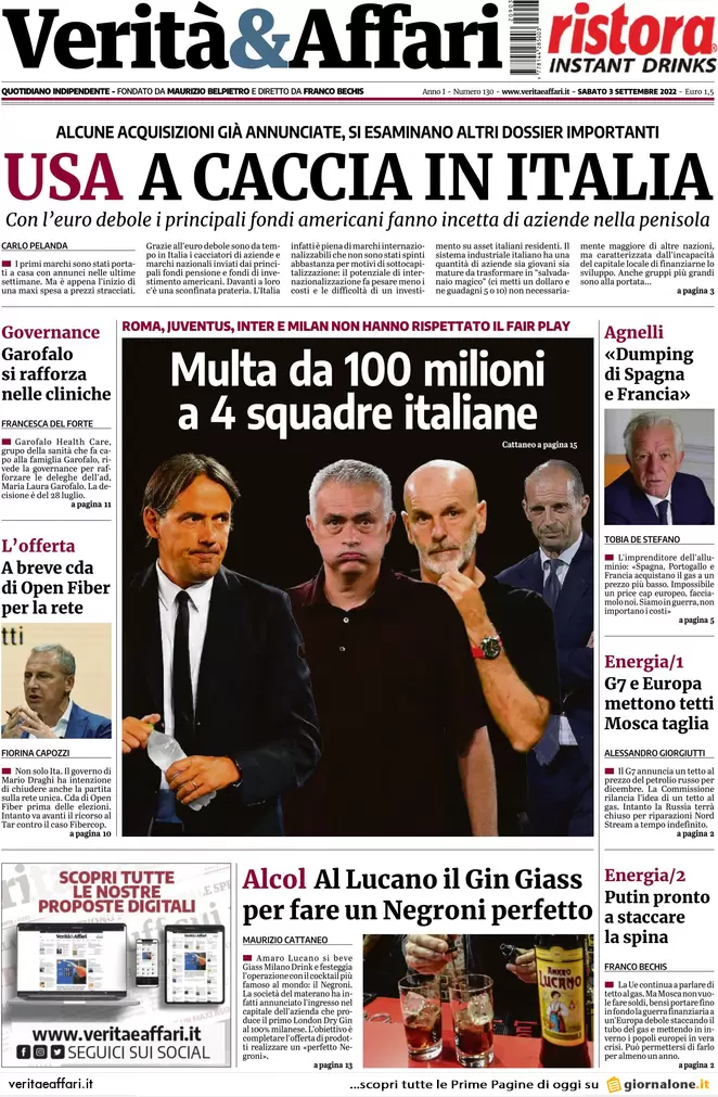 Prime pagine giornali economici 3 settembre. Usa a caccia di aziende italiane
