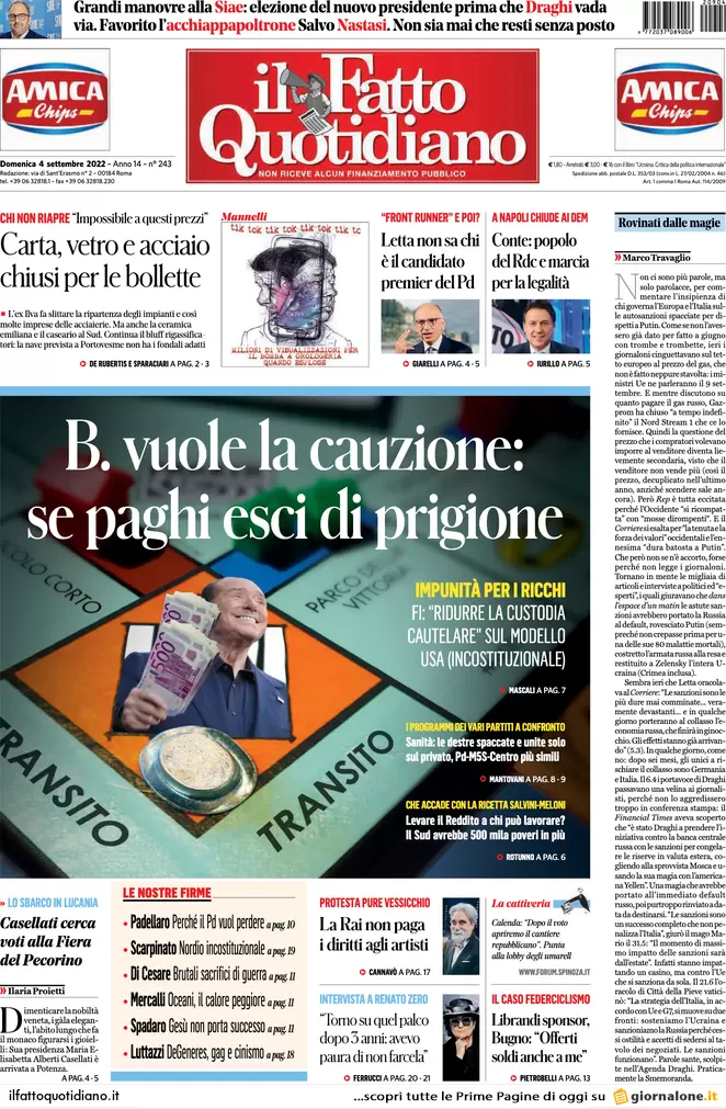 Prime pagine giornali 4 settembre 2022. Gas, bolletta monstre da 100 miliardi