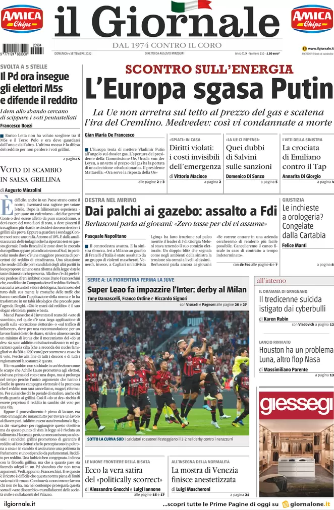Prime pagine giornali 4 settembre 2022. Gas, bolletta monstre da 100 miliardi