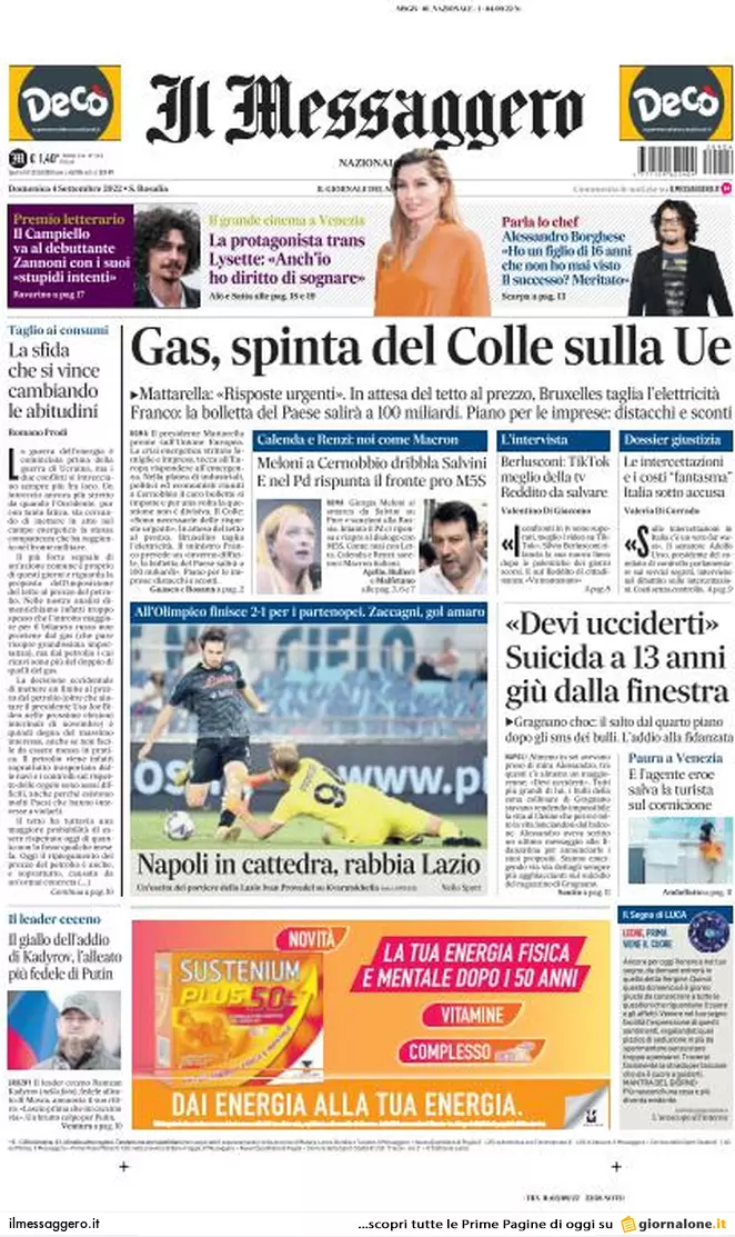 Prime pagine giornali 4 settembre 2022. Gas, bolletta monstre da 100 miliardi